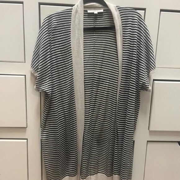 LOFT Sweaters - Ann Taylor LOFT Short Sleeve Drapey Black & Ivory Striped Open Sweater Small